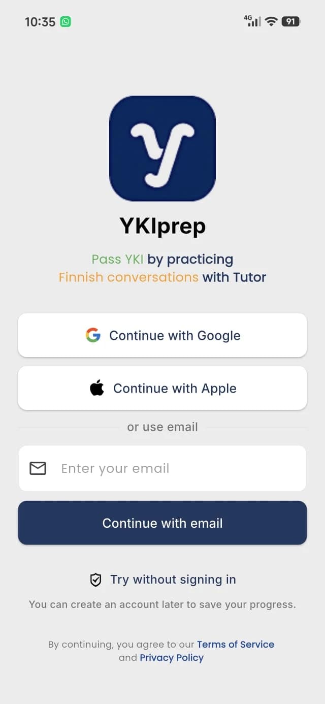 YKIprep sign-in screen with Google, Apple, email, and guest options